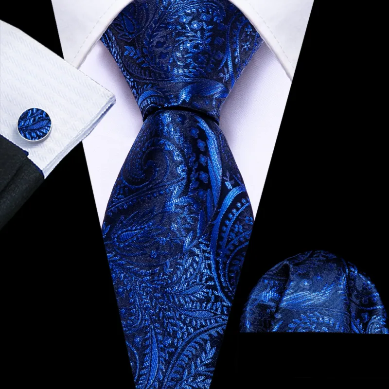 Barry Wang Blue Paisley Silk Men's Necktie Handkerchief Cufflinks Set sold by Barrywang
