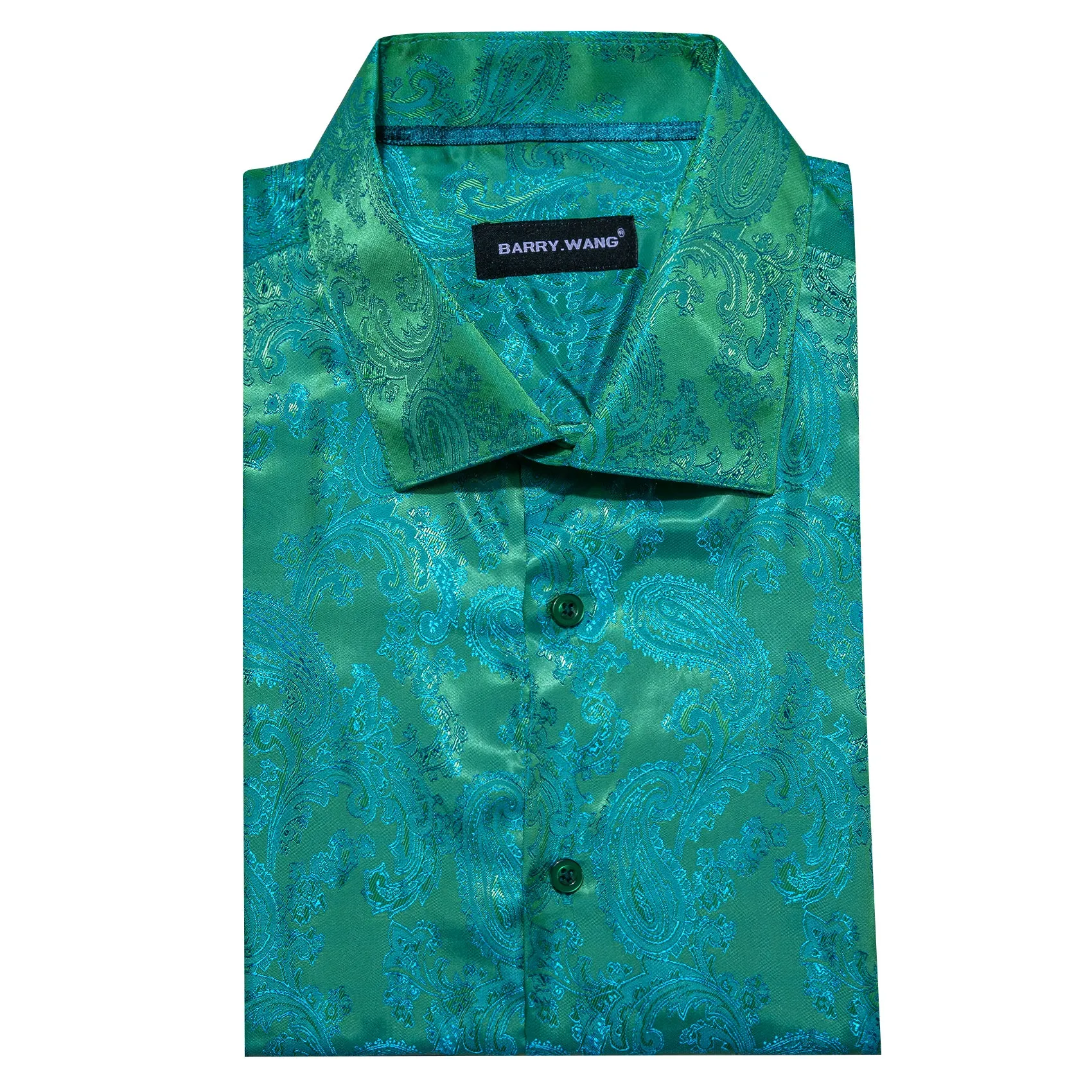 Barry Wang Teal Shirt Bright Green Blue Paisley Silk Men's Dress Shirt sold by Barrywang product image thumbnail 5