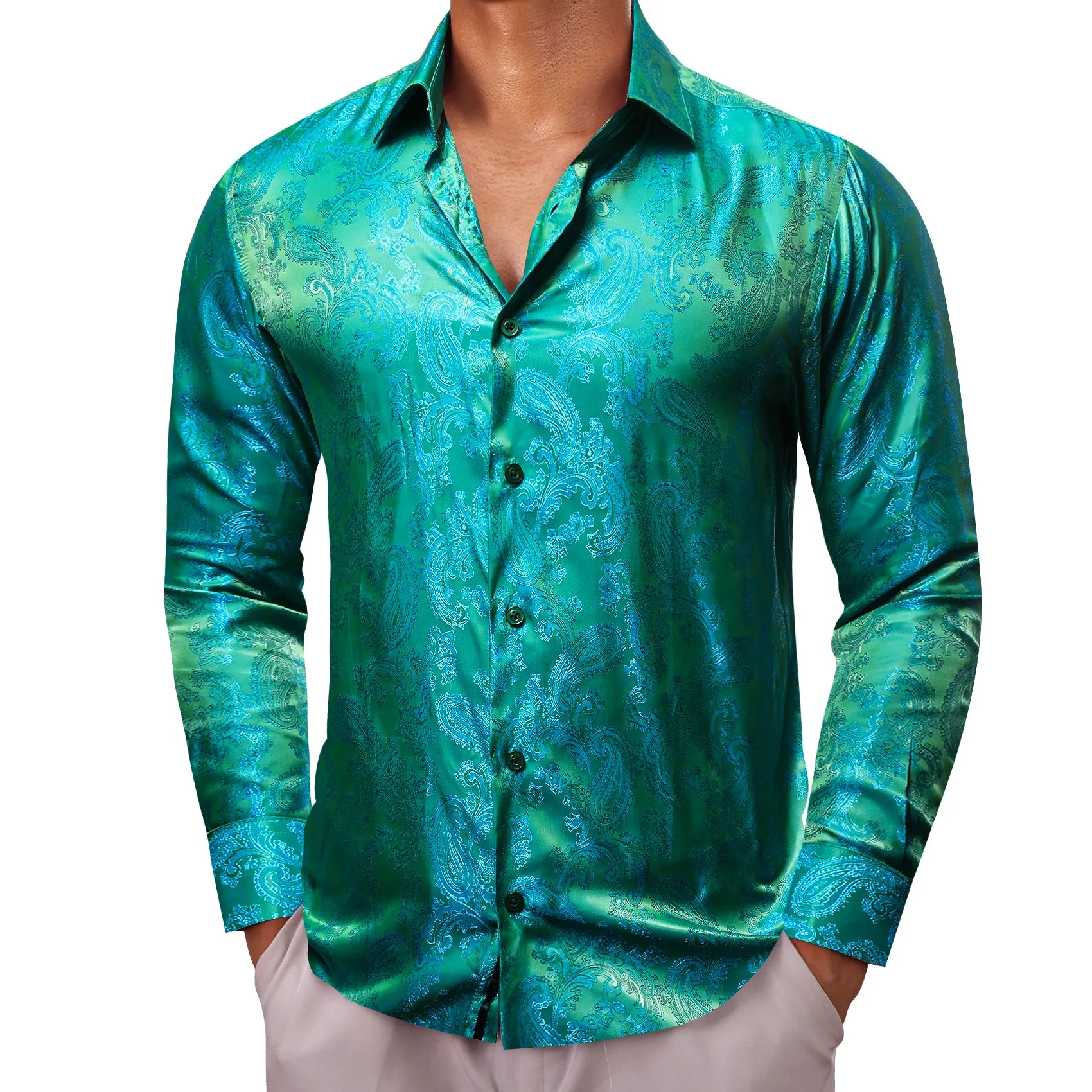 Barry Wang Teal Shirt Bright Green Blue Paisley Silk Men's Dress Shirt sold by Barrywang