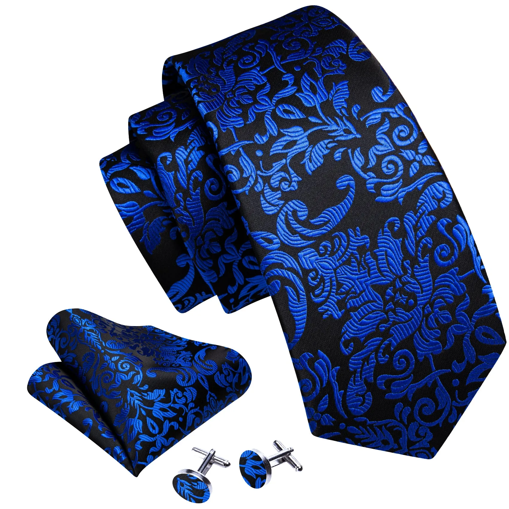 Barry Wang Black Tie Cobalt Blue Floral Silk Tie Pocket Square Cufflinks Set sold by Barrywang product image thumbnail 2