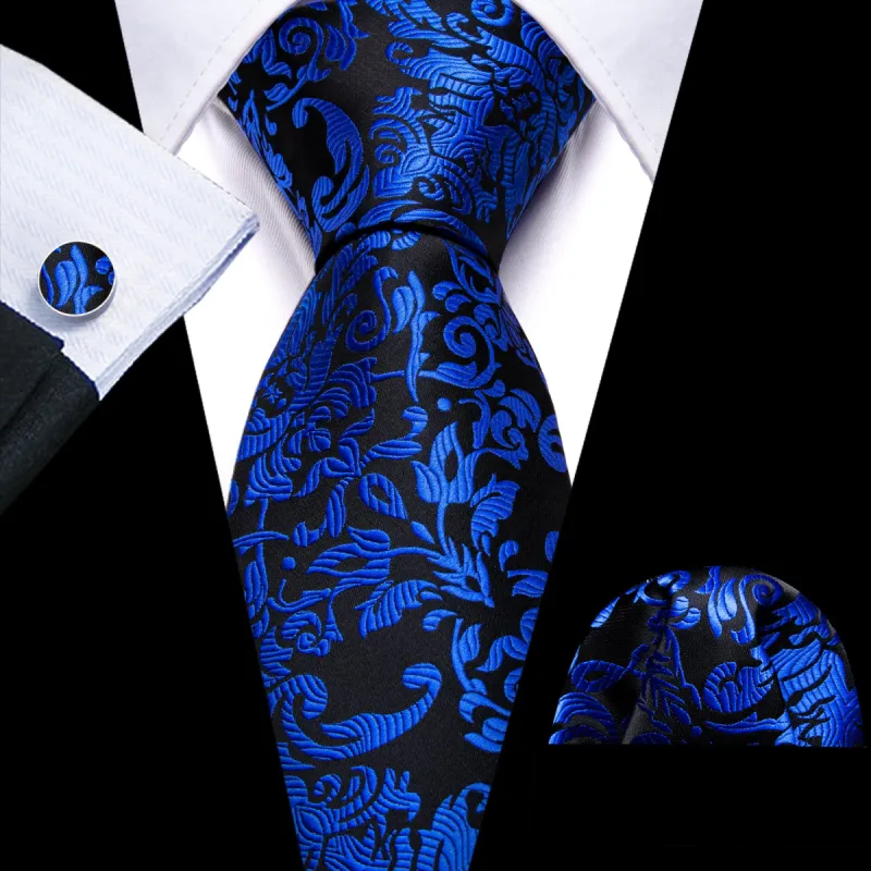 Barry Wang Black Tie Cobalt Blue Floral Silk Tie Pocket Square Cufflinks Set sold by Barrywang