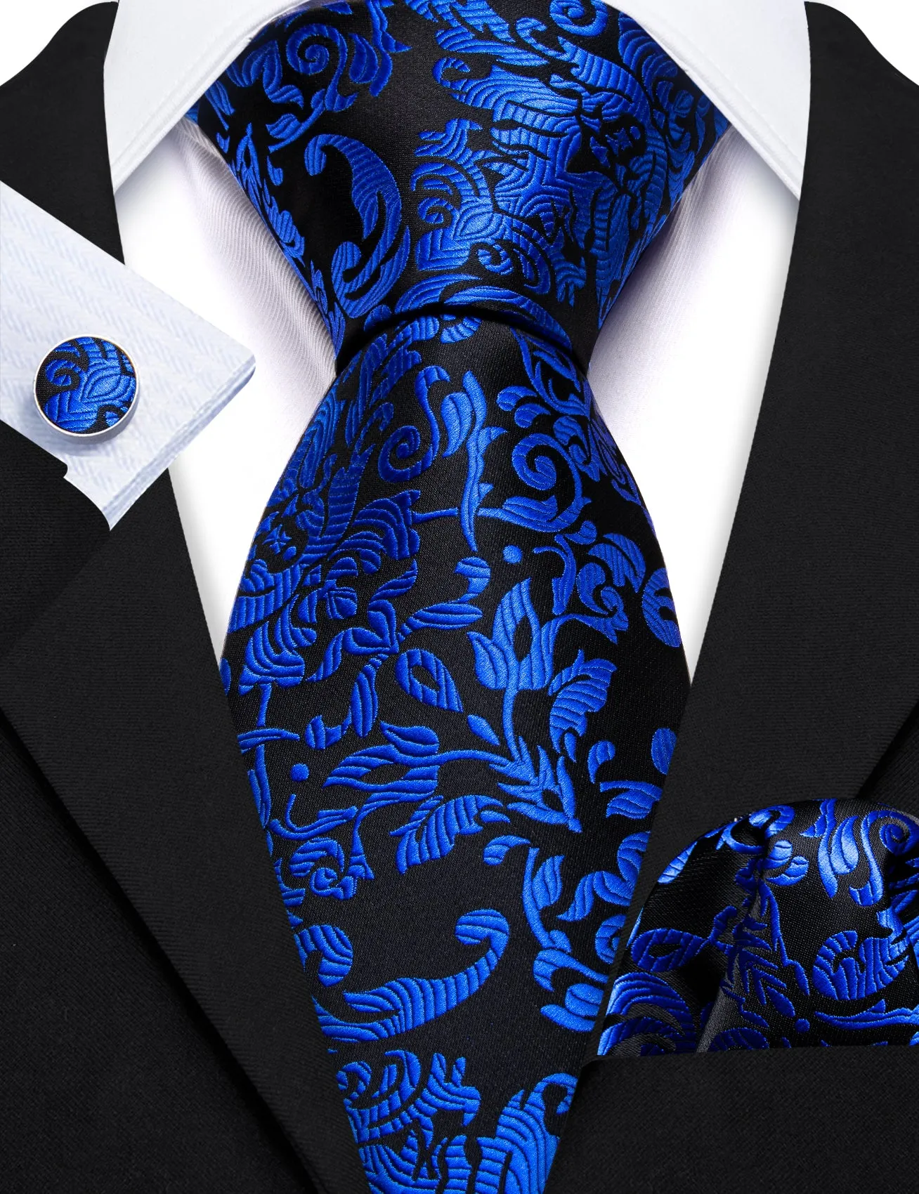 Barry Wang Black Tie Cobalt Blue Floral Silk Tie Pocket Square Cufflinks Set sold by Barrywang product image thumbnail 5