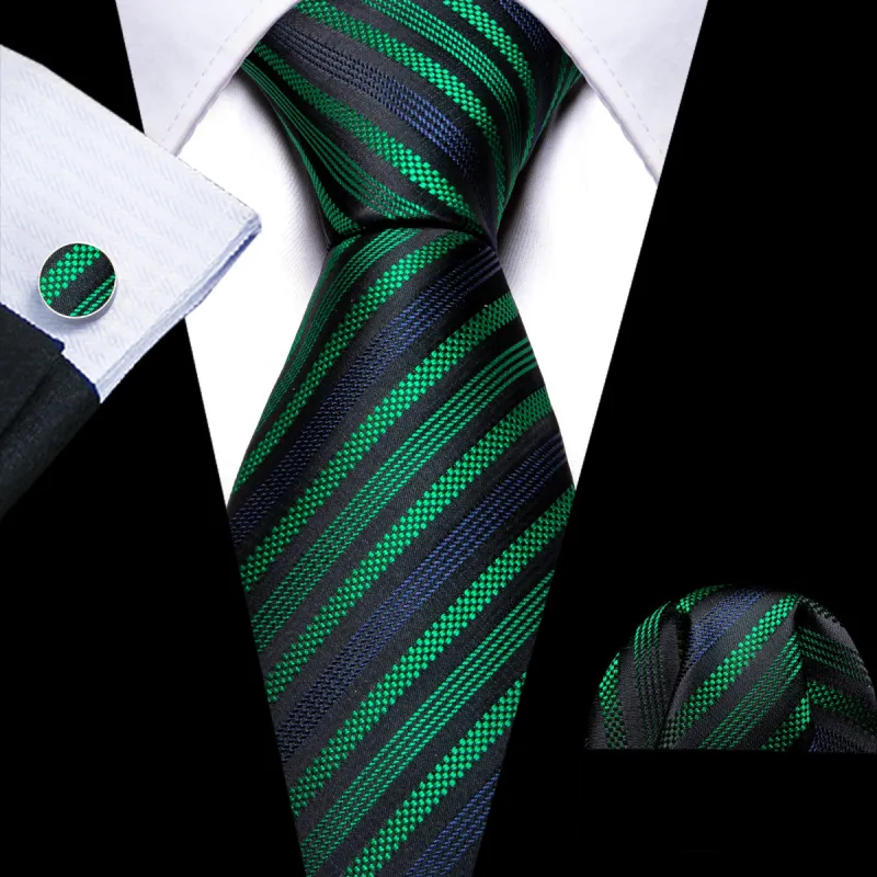 Barry. Wang Black Tie Jacquard Green Blue Striped Silk Tie Hanky Cufflinks Set sold by Barrywang