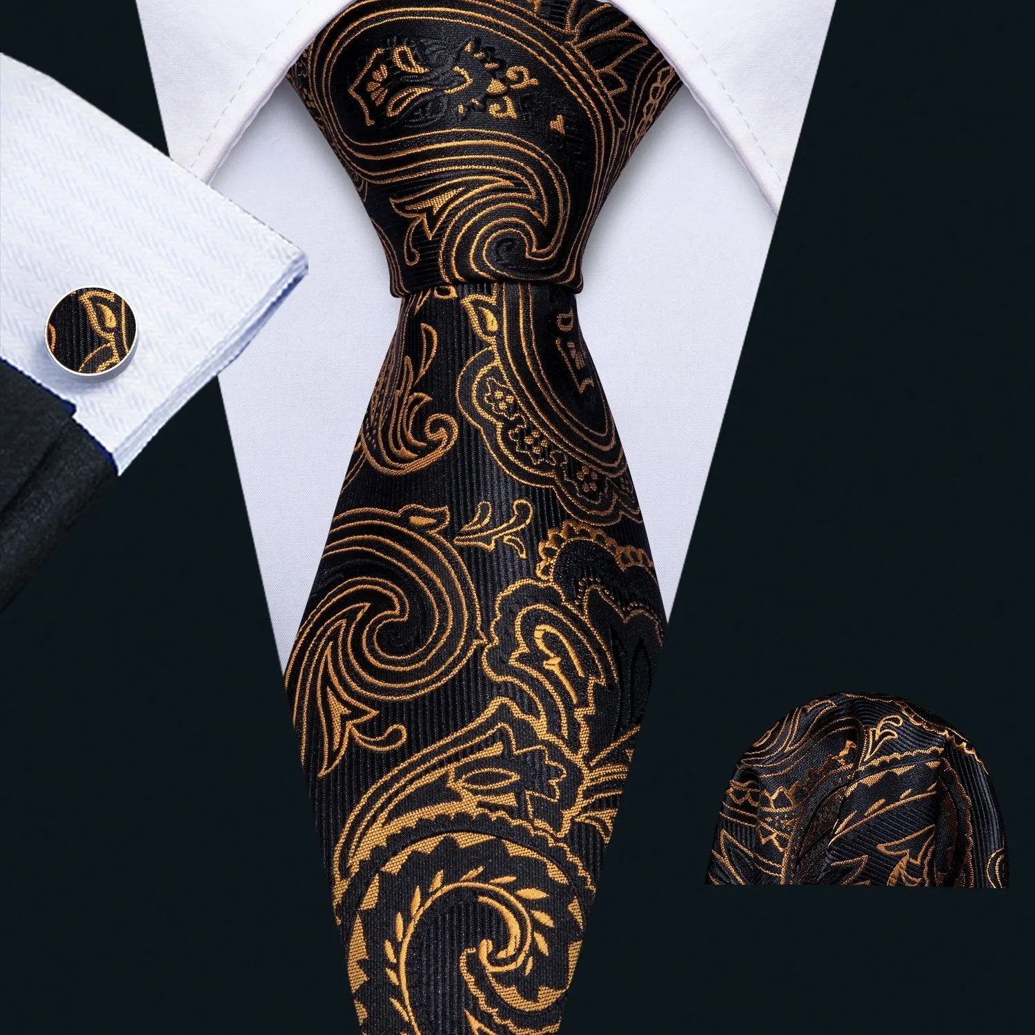 Barry. Wang Black Golden Paisley Tie Brooches Hanky Cufflinks Set 8.5cm sold by Barrywang product image thumbnail 3