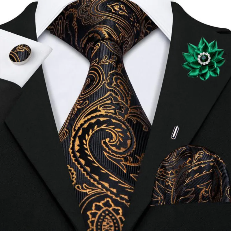 Barry. Wang Black Golden Paisley Tie Brooches Hanky Cufflinks Set 8.5cm sold by Barrywang