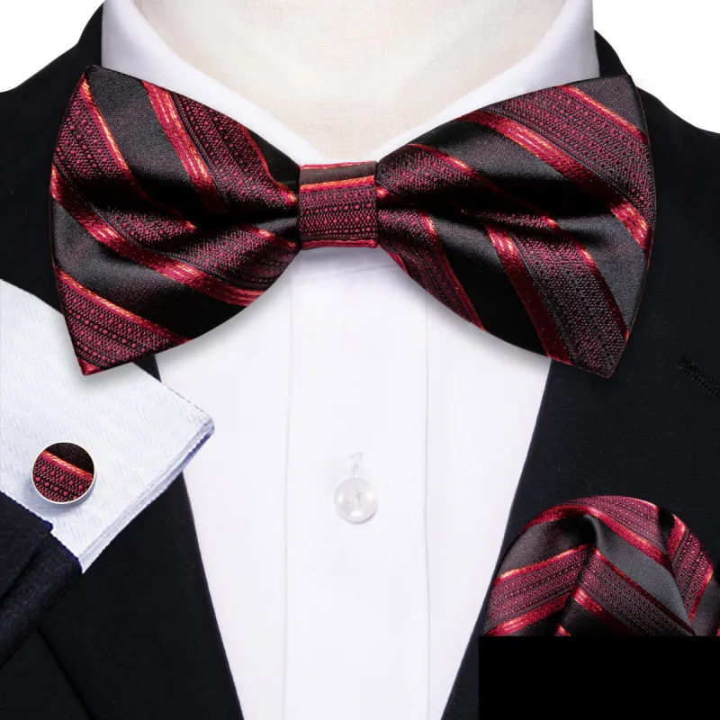 Gold Black Striped Pre-tied Bow Tie Hanky Cufflinks Set sold by Barrywang