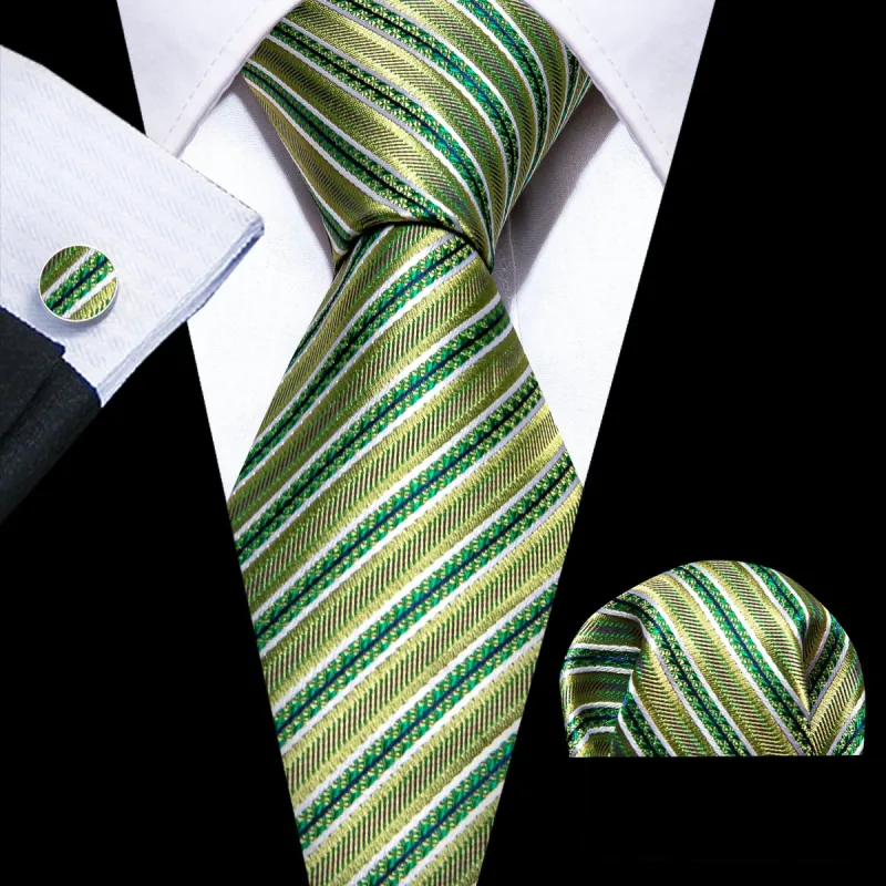 Barry Wang Green Striped Floral Silk Tie Pocket Square Cufflinks Set sold by Barrywang