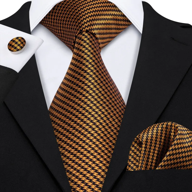 Barry Wang Black Golden Houndstooth Silk Men's Tie Hanky Cufflinks Set sold by Barrywang