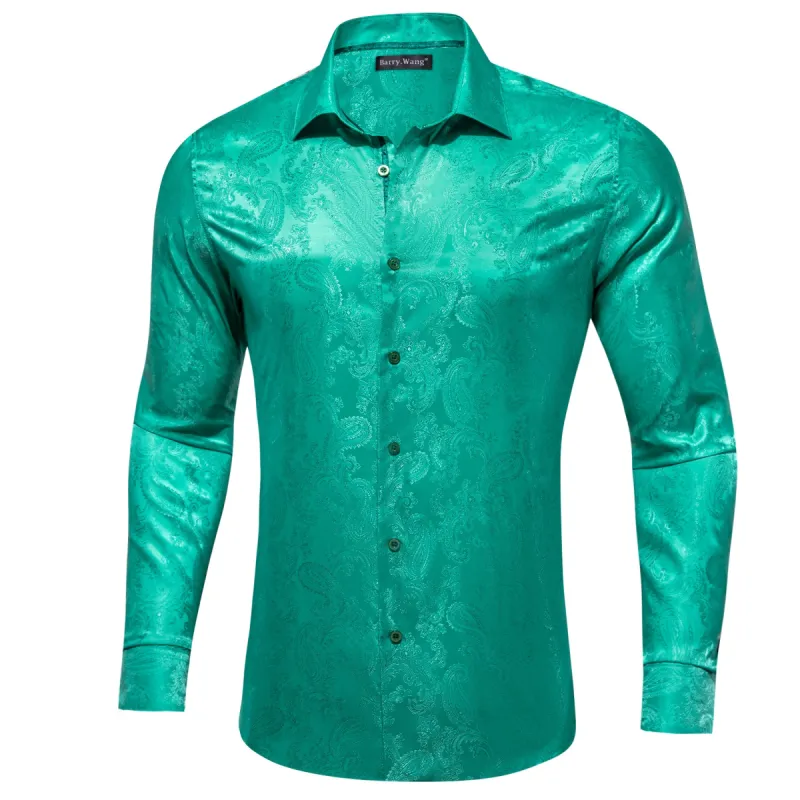 Barry Wang Dark Teal Green Paisley Silk Men's Square bottom Shirt sold by Barrywang