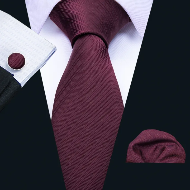 Barry. Wang Dark Red Narrow Striped Silk Necktie Hanky Cufflinks Set sold by Barrywang