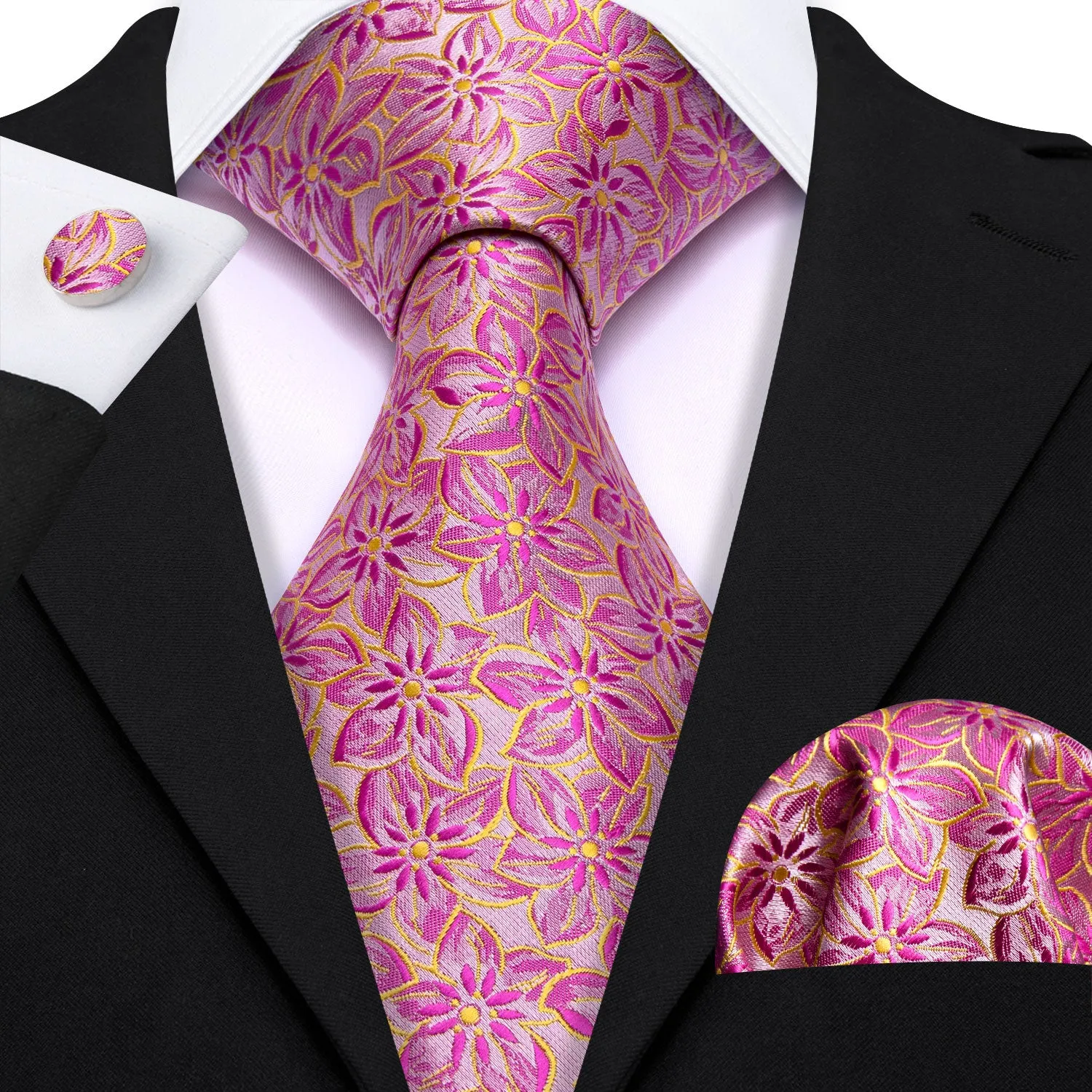 Barry. Wang Pink Floral Hot Pink Peach Blossom Jacquard Silk Men's Tie Set sold by Barrywang product image thumbnail 2