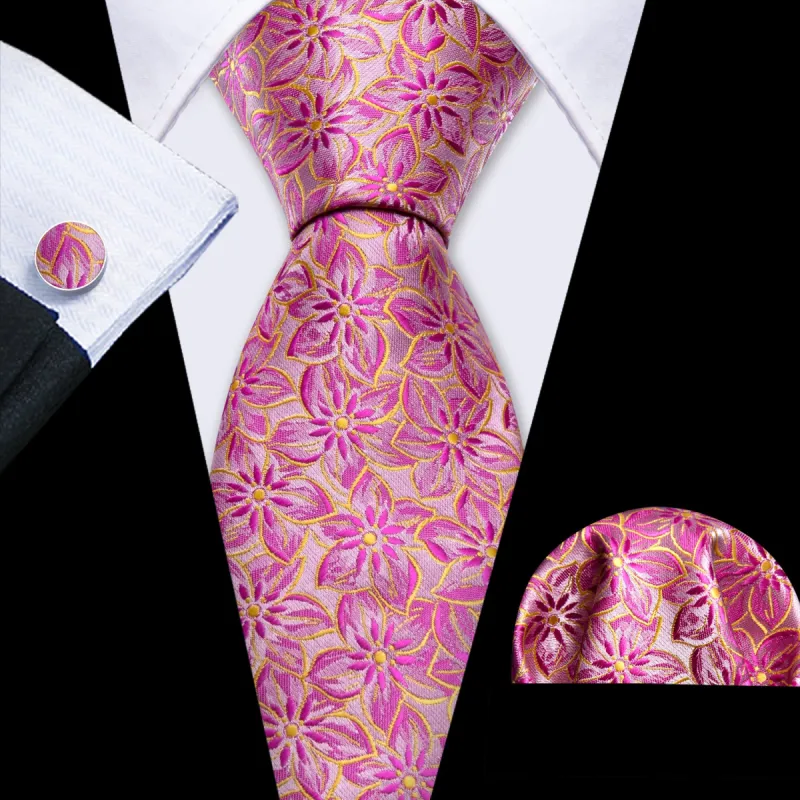 Barry Wang Pink Floral Hot Pink Peach Blossom Jacquard Silk Men's Tie Set sold by Barrywang