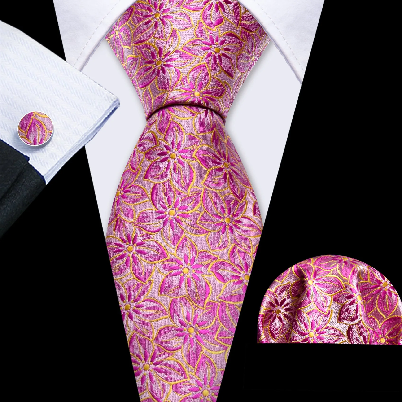 Barry. Wang Pink Floral Hot Pink Peach Blossom Jacquard Silk Men's Tie Set sold by Barrywang