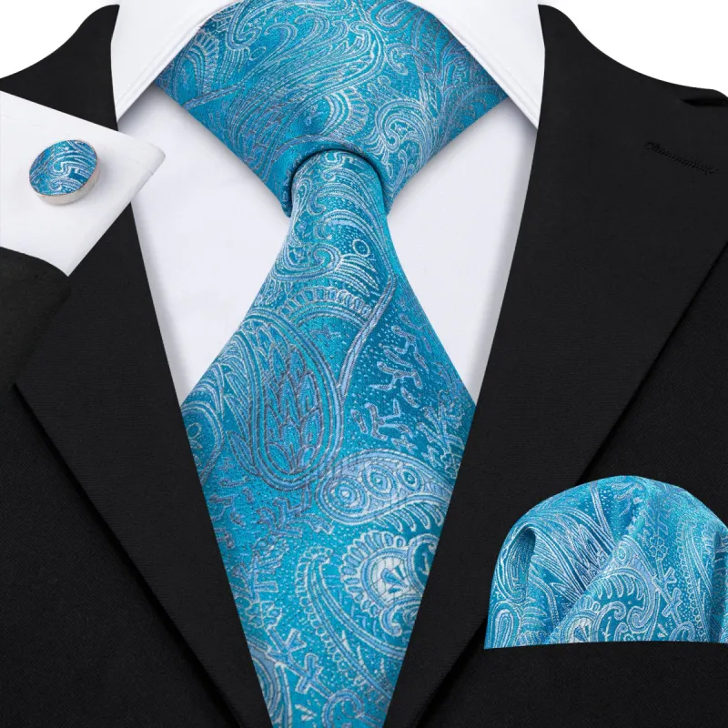 Barry Wang Sky Blue Paisley Silk Men's Tie Pocket Square Cufflinks Set sold by Barrywang
