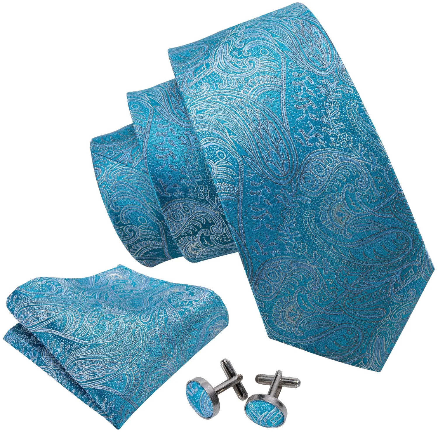Barry. Wang Sky Blue Paisley Silk Men's Tie Pocket Square Cufflinks Set sold by Barrywang product image thumbnail 4