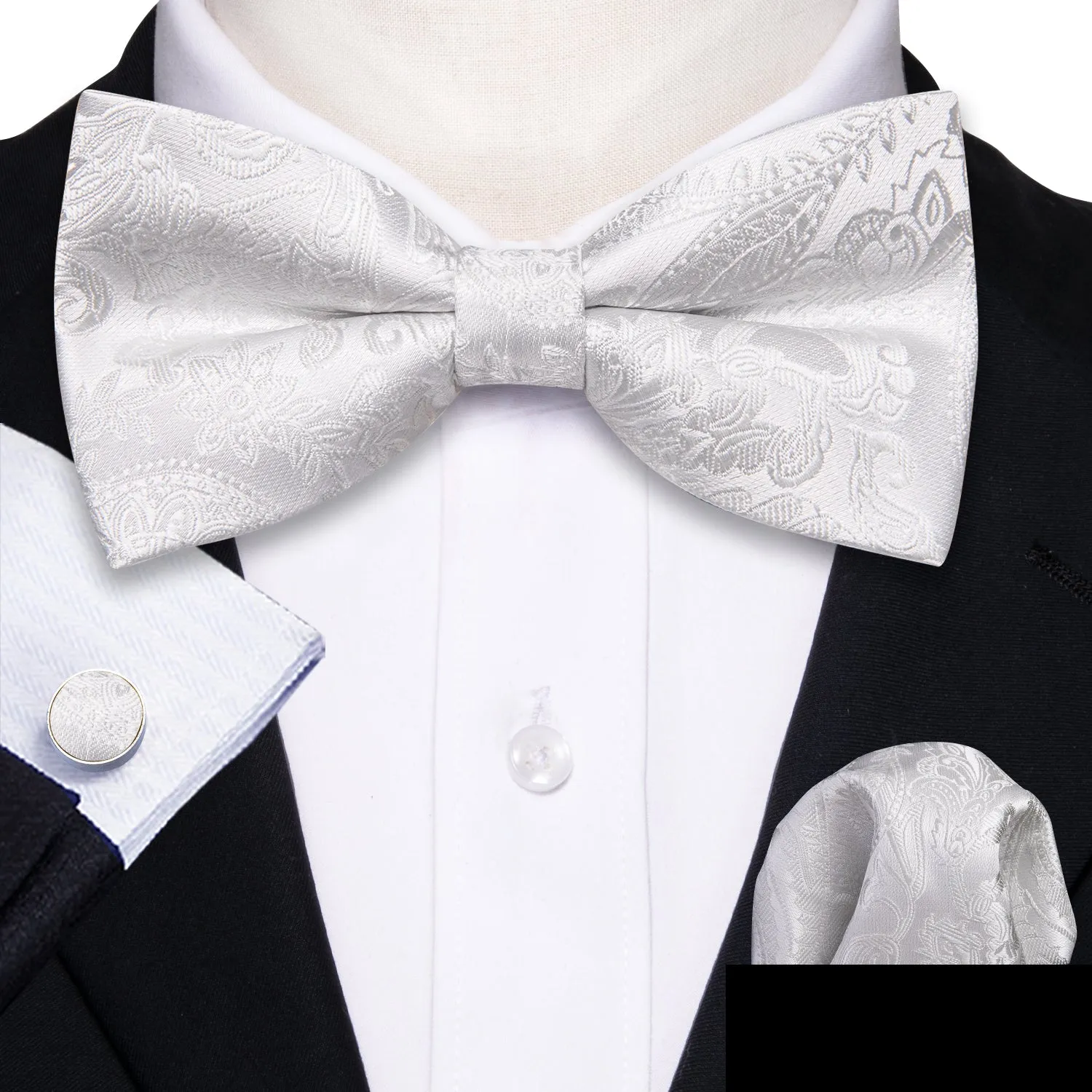 Barry. Wang White Paisley Pre-tied Men's Bow Tie Hanky Cufflinks Set sold by Barrywang product image thumbnail 2