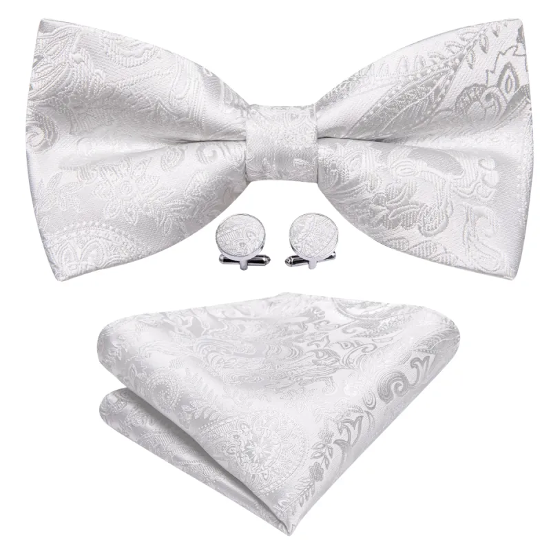 Barry. Wang White Paisley Pre-tied Men's Bow Tie Hanky Cufflinks Set sold by Barrywang