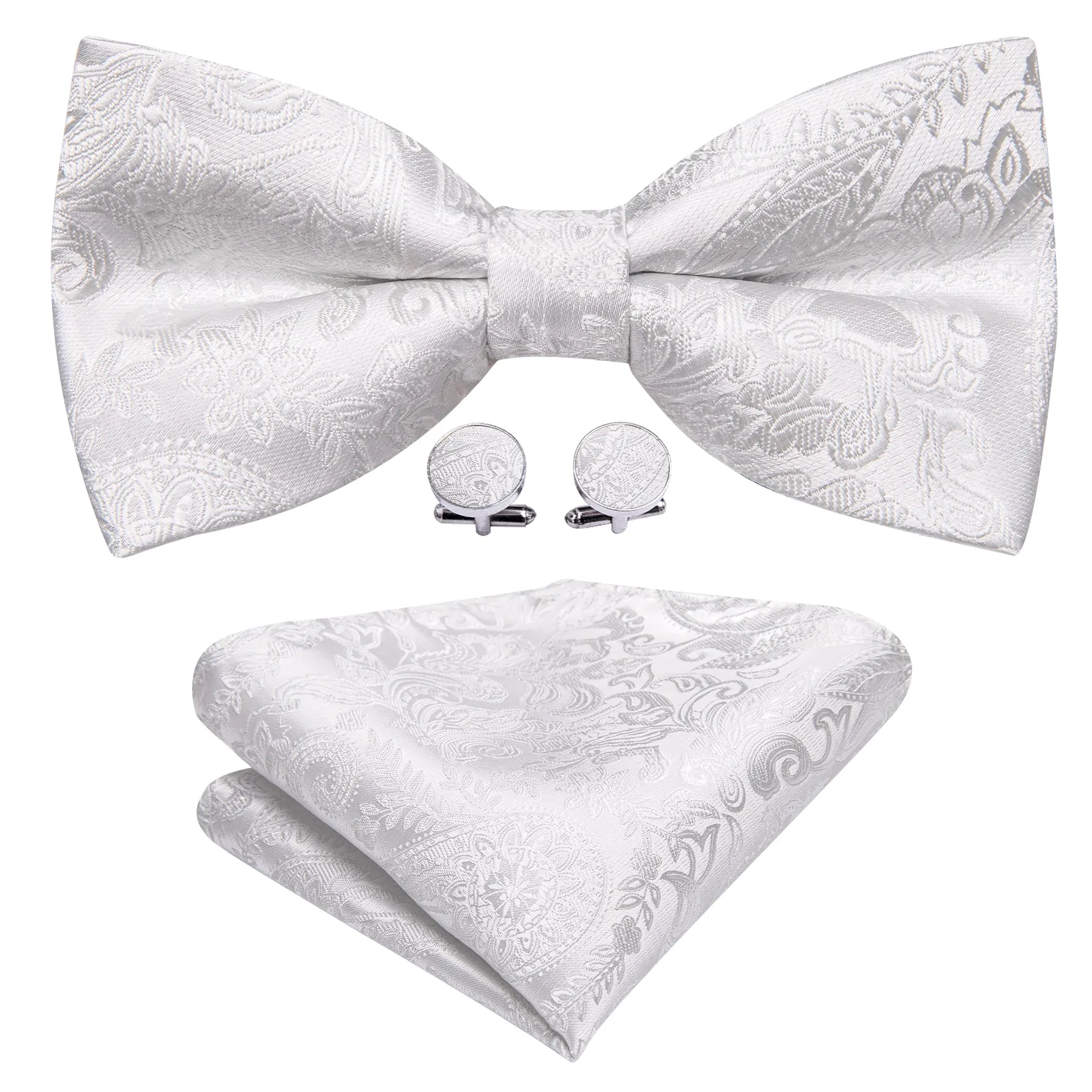 Barry. Wang White Paisley Pre-tied Men's Bow Tie Hanky Cufflinks Set sold by Barrywang