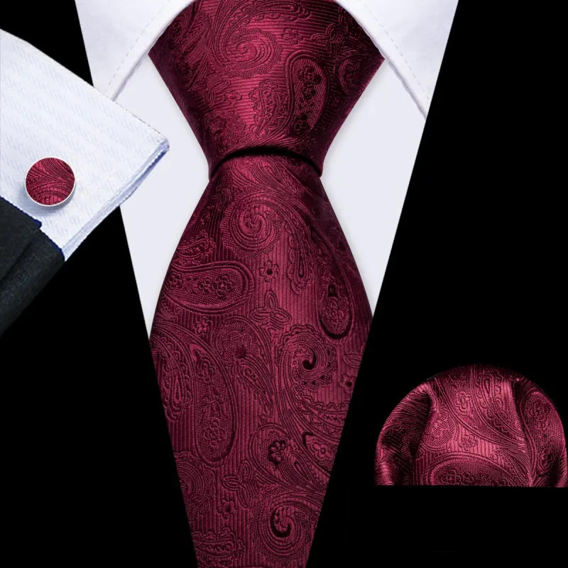Barry Wang Ties Burgundy Paisley Silk Tie Handkerchief Cufflinks Set sold by Barrywang