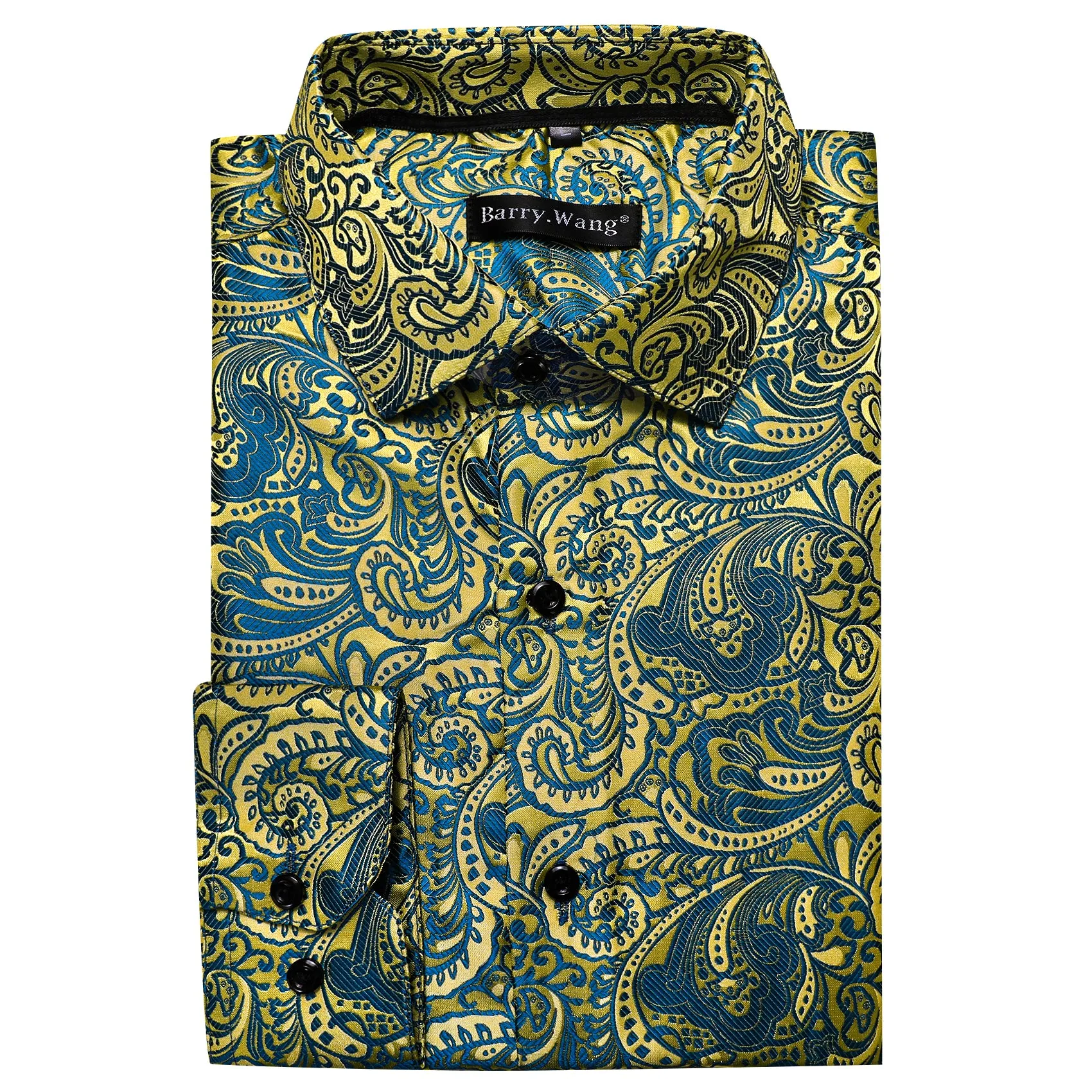 Barry Wang Yellow Shirt Gold Blue Jacquard Paisley Long Sleeve Shirt sold by Barrywang product image thumbnail 5