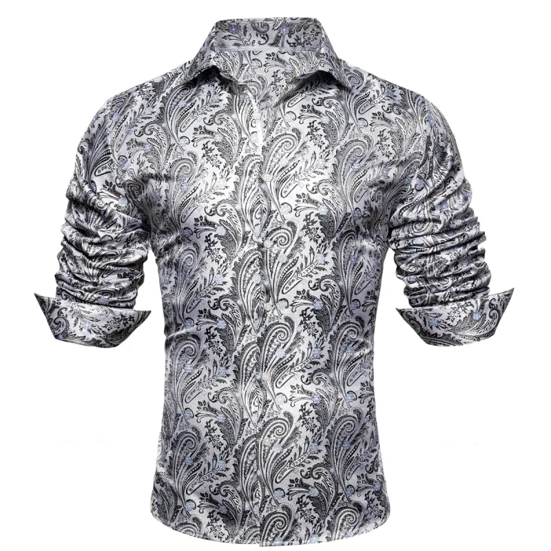 Barry Wang Light Grey Paisley Shirt Silver Paisley Silk Dress Shirt sold by Barrywang