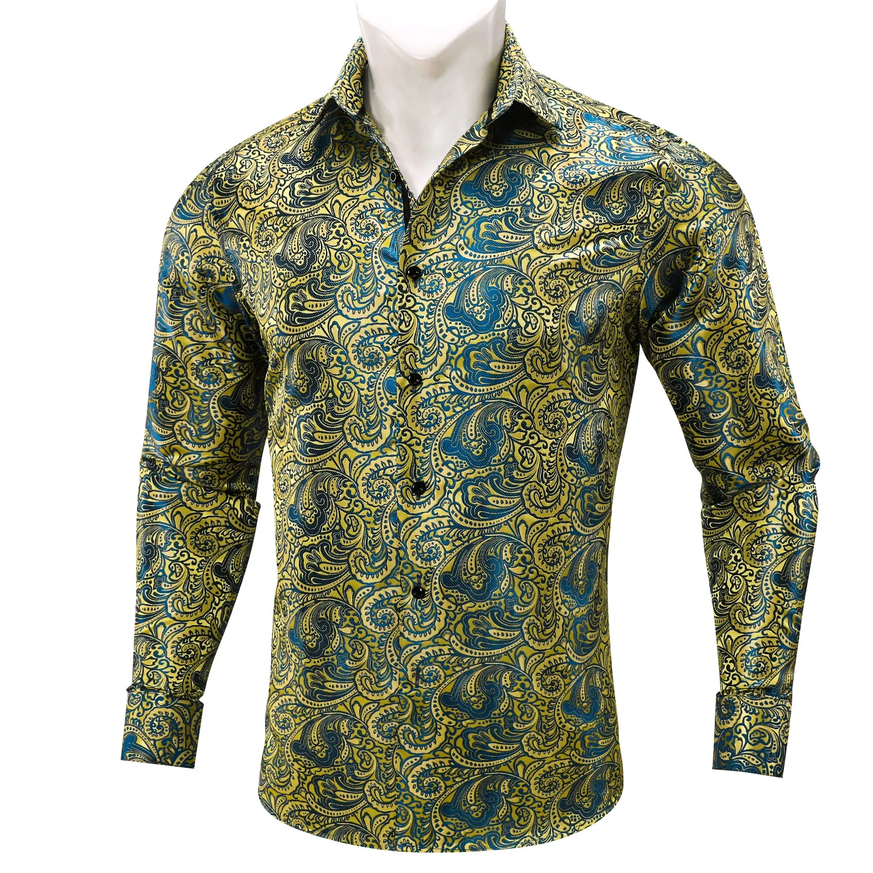 Barry Wang Yellow Shirt Gold Blue Jacquard Paisley Long Sleeve Shirt sold by Barrywang product image thumbnail 2