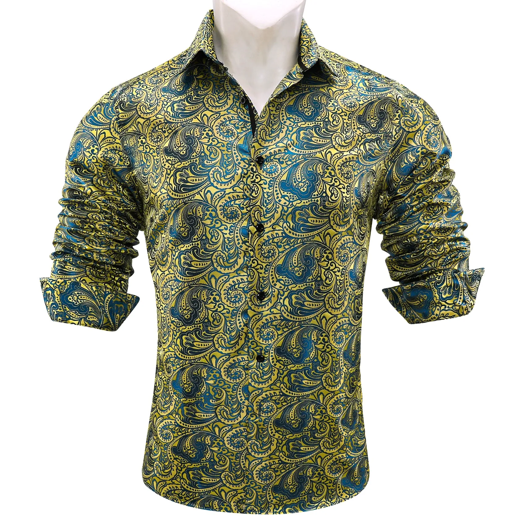 Barry Wang Yellow Shirt Gold Blue Jacquard Paisley Long Sleeve Shirt sold by Barrywang product image thumbnail 4