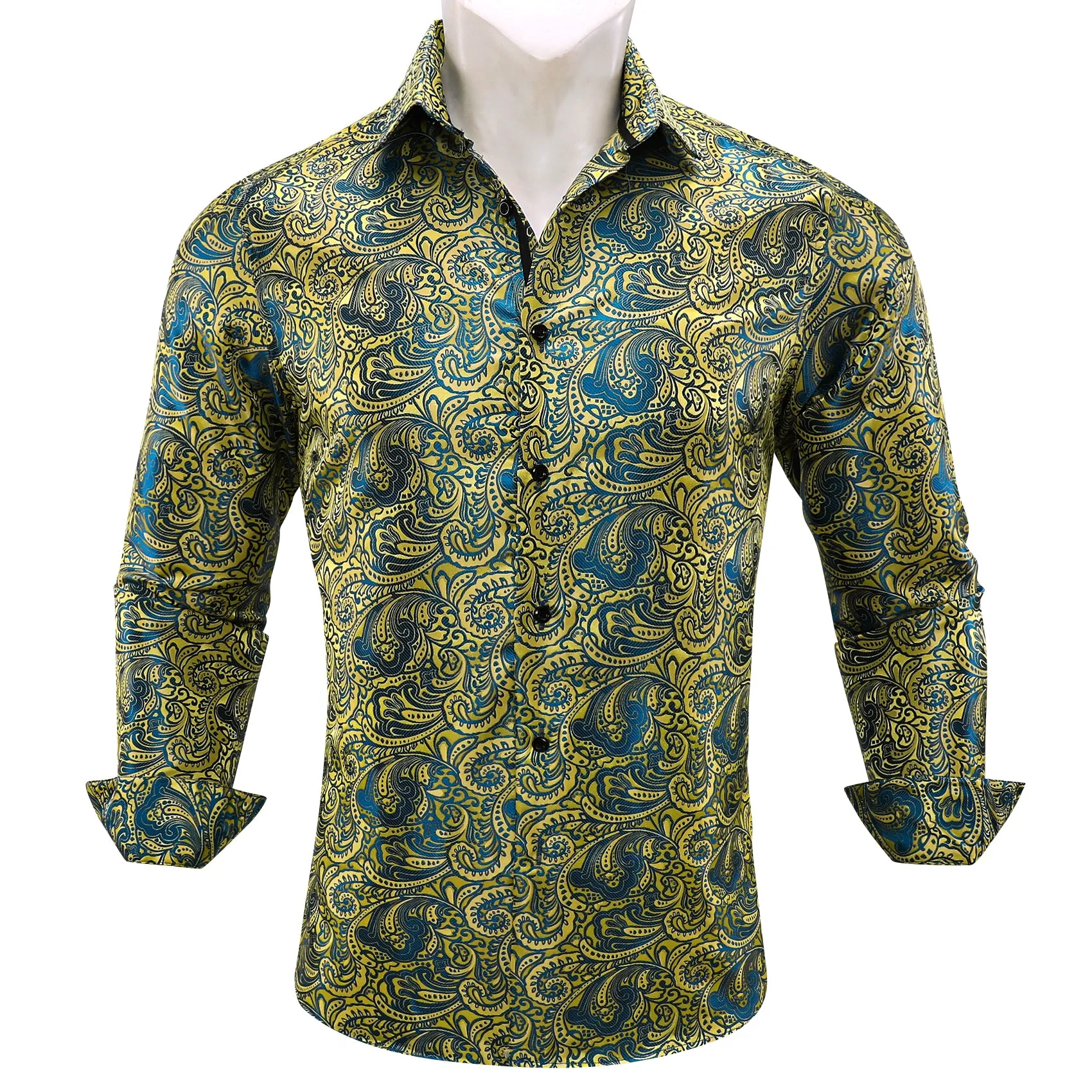 Barry Wang Yellow Shirt Gold Blue Jacquard Paisley Long Sleeve Shirt sold by Barrywang product image thumbnail 3