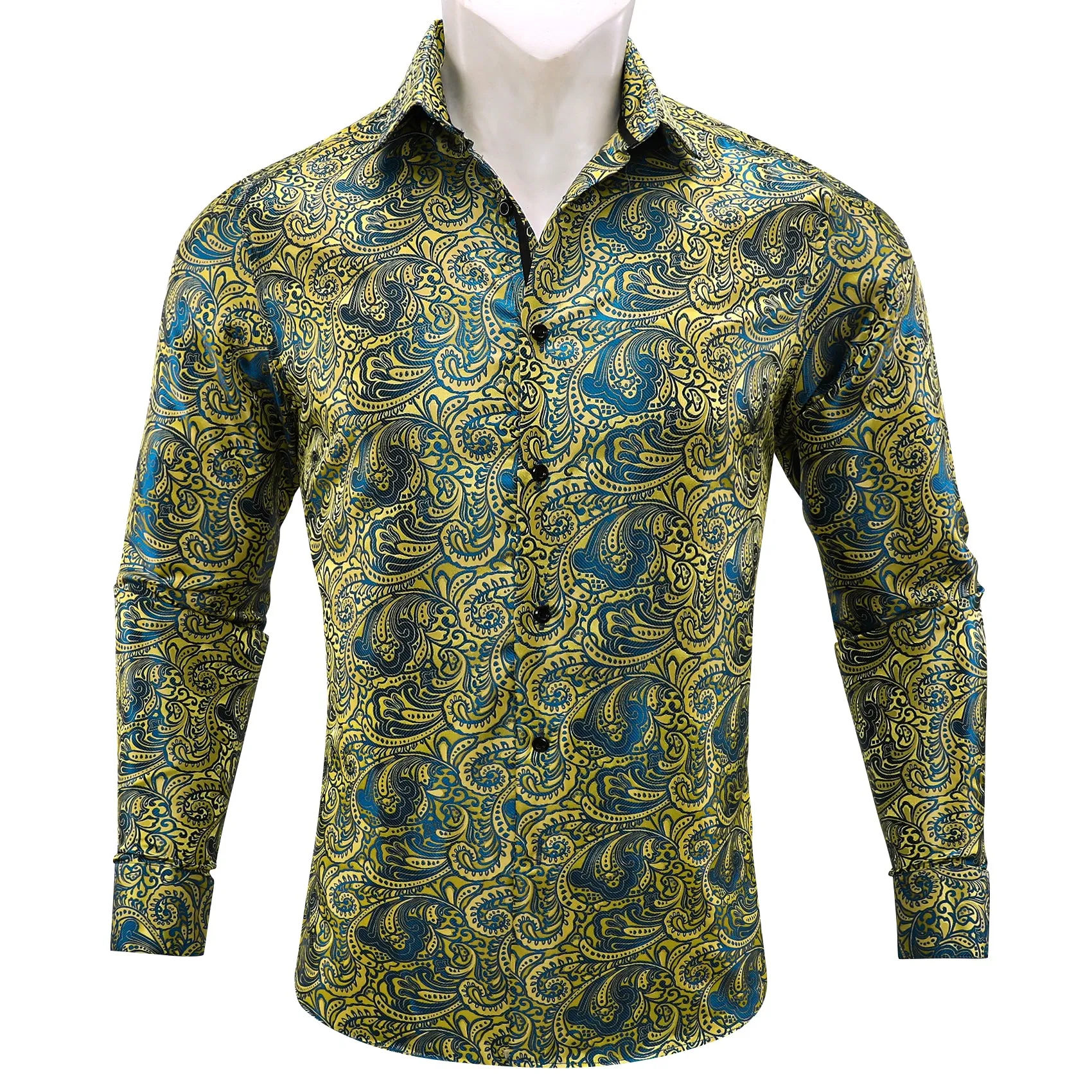 Barry Wang Yellow Shirt Gold Blue Jacquard Paisley Long Sleeve Shirt sold by Barrywang