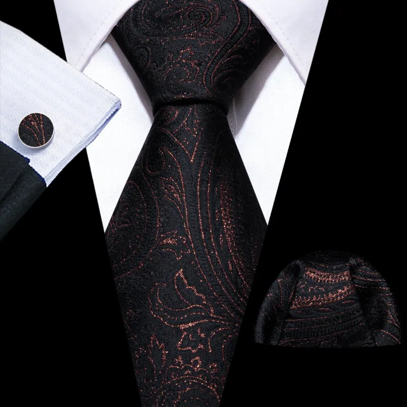 Barry. Wang Fashion Black Floral Silk Tie Handkerchief Cufflinks Set sold by Barrywang