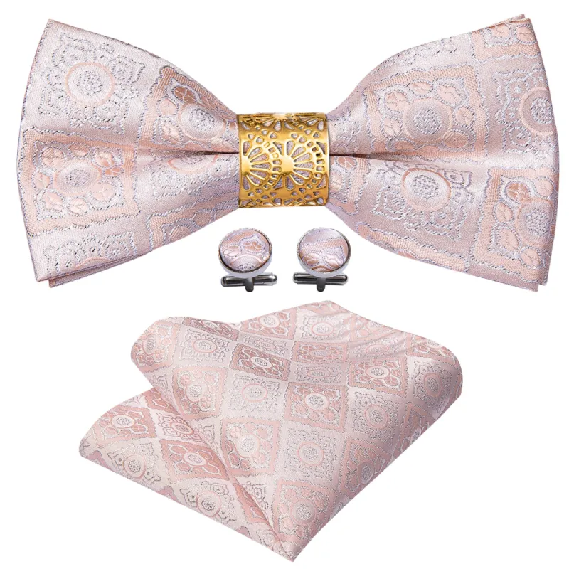 Pink Paisley Pre-tied Bow Tie Ring Hanky Cufflinks Set sold by Barrywang
