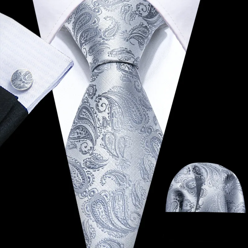 Silver Paisley Necktie Pocket Square Cufflinks Set sold by Barrywang