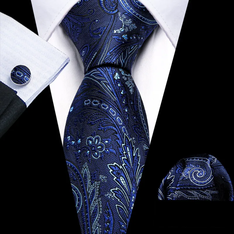 Barry Wang Navy Blue Men's Paisley Silk Tie Handkerchief Cufflinks Set sold by Barrywang
