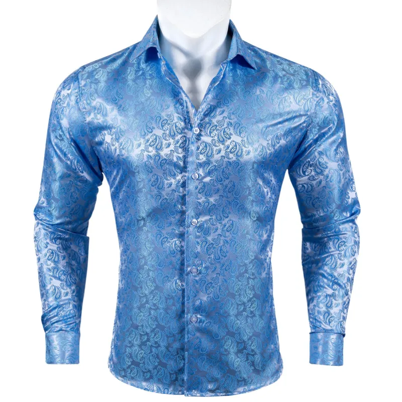 Barry Wang Button Down Shirt Light Blue Paisley Silk Men's Long Sleeve Shirt sold by Barrywang