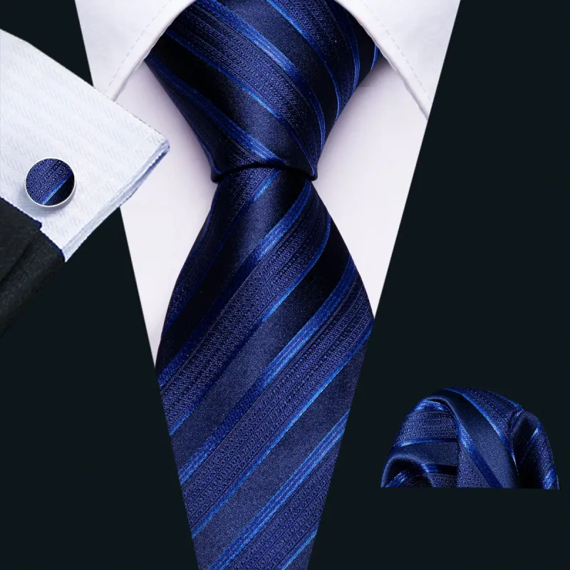 Barry Wang Necktie Deep Blue Striped Tie Pocket Square Cufflinks Set sold by Barrywang