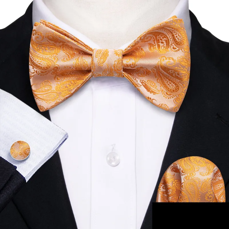 Orange Silver Paisley Silk Bow Tie Hanky Cufflinks Set sold by Barrywang