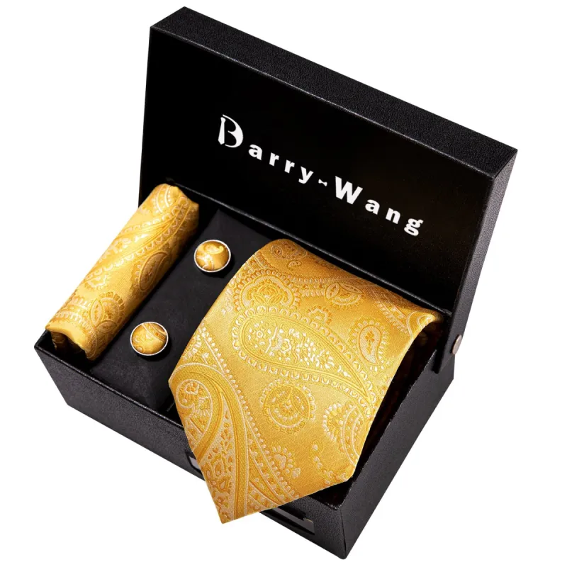 Golden Floral Silk Men's Necktie Pocket Square Cufflinks Gift Box Set sold by Barrywang