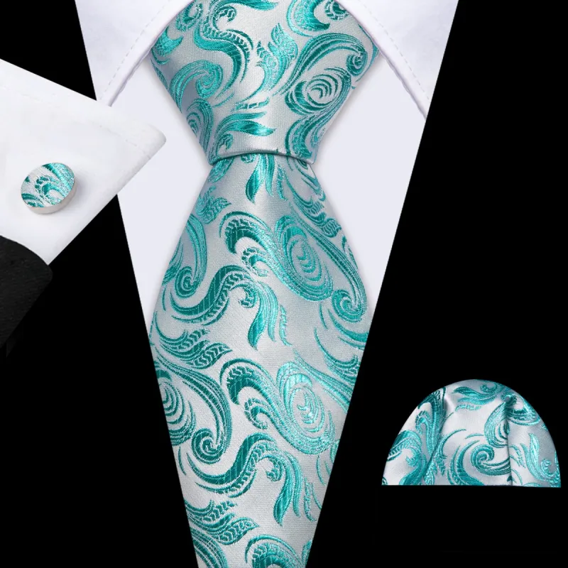 Barry Wang Teal Blue White Floral Silk Tie Pocket Square Cufflinks Set sold by Barrywang