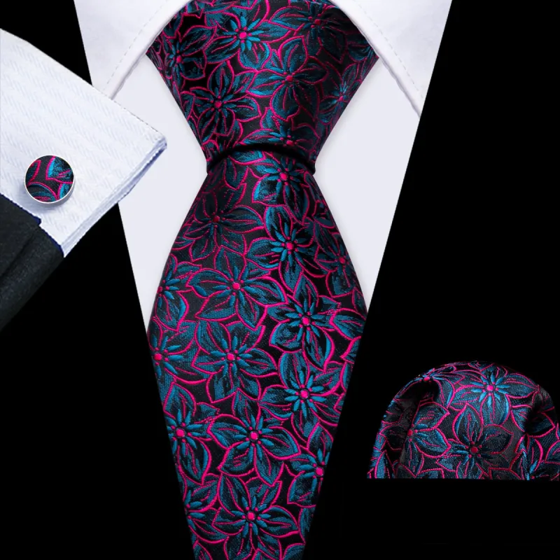 Barry Wang Black Floral Necktie Red Blue Silk Tie Hanky Cufflinks Set sold by Barrywang