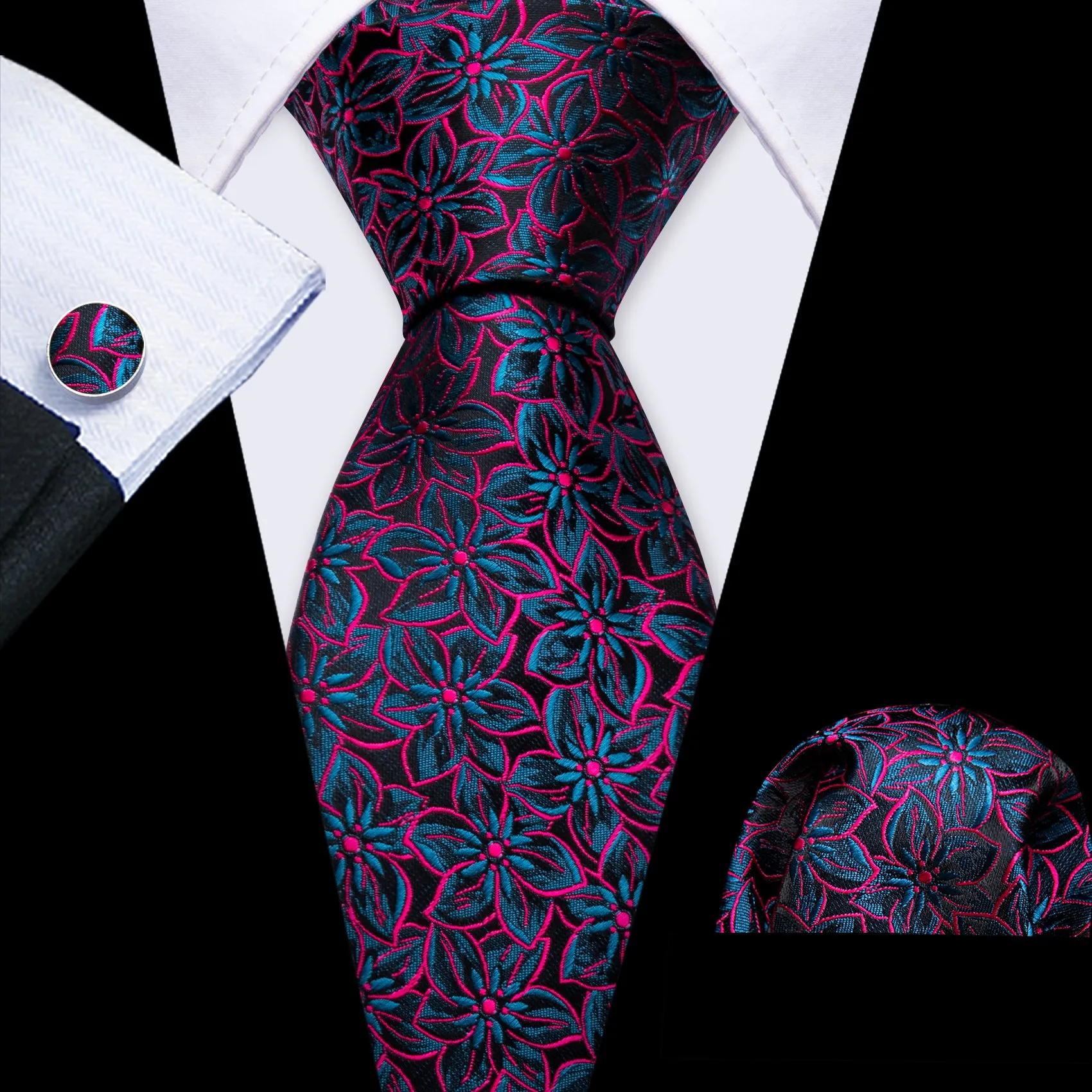 Barry Wang Black Floral Necktie Red Blue Silk Tie Hanky Cufflinks Set sold by Barrywang