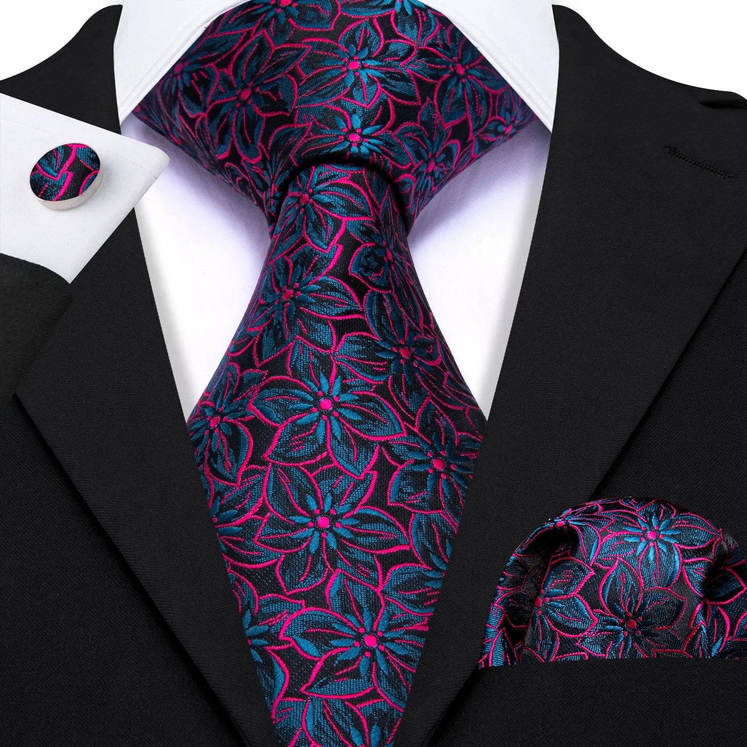 Barry Wang Black Floral Necktie Red Blue Silk Tie Hanky Cufflinks Set sold by Barrywang product image thumbnail 2