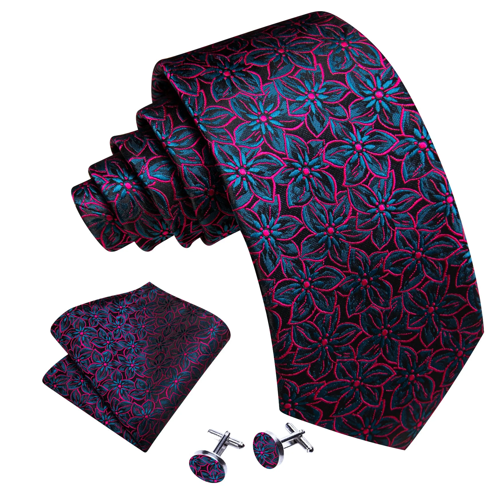 Barry Wang Black Floral Necktie Red Blue Silk Tie Hanky Cufflinks Set sold by Barrywang product image thumbnail 3