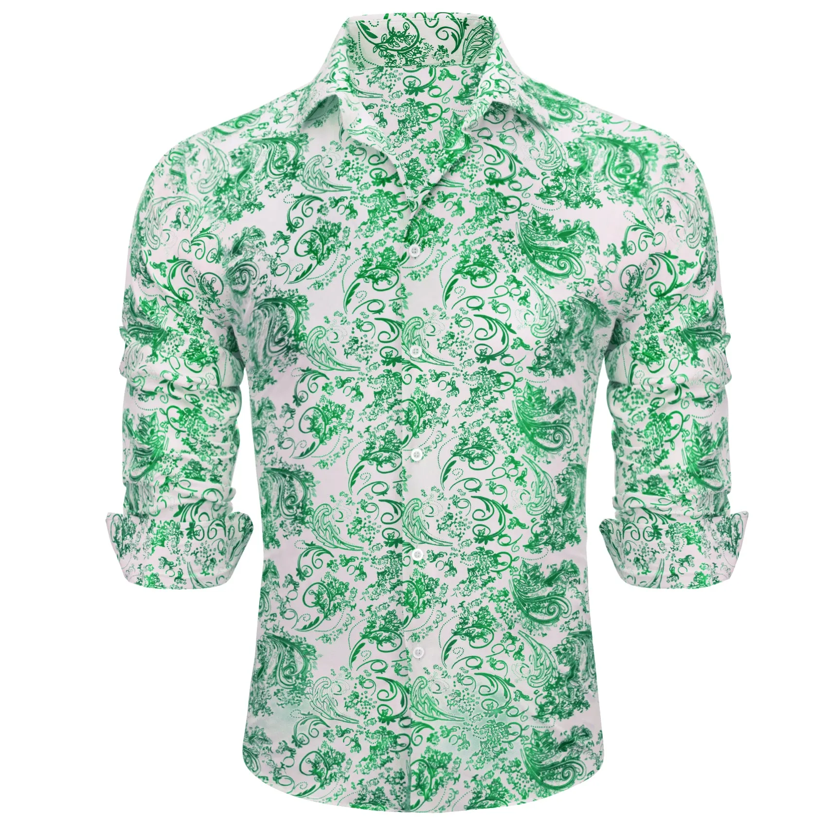 Barry.wang Refreshing White Green Floral Silk Men's Shirt sold by Barrywang product image thumbnail 5