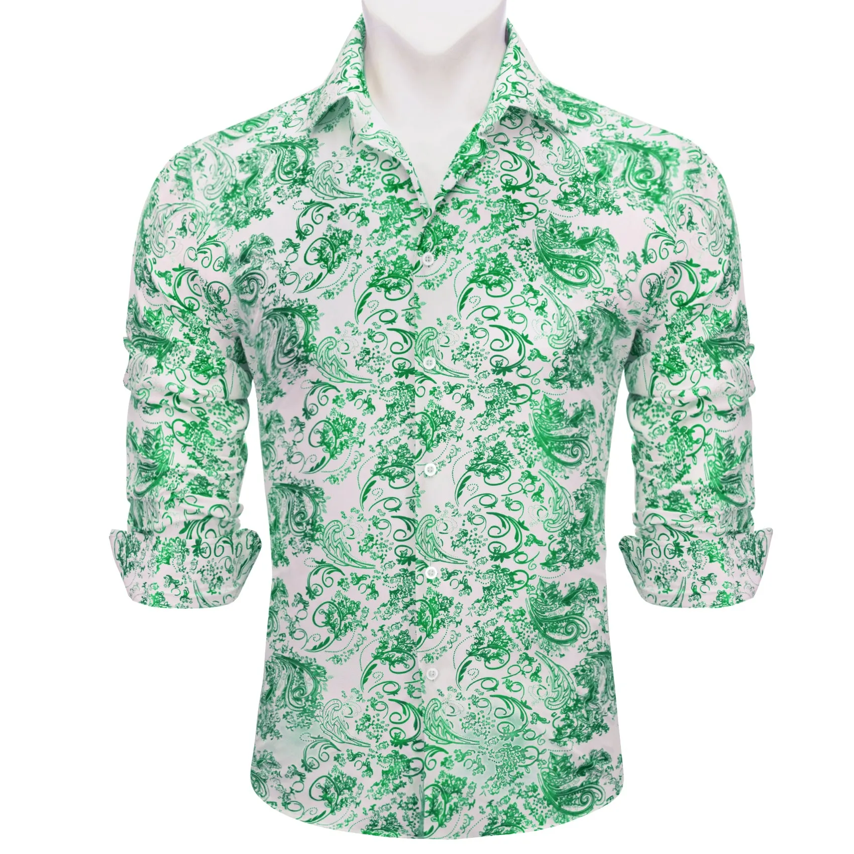 Barry.wang Refreshing White Green Floral Silk Men's Shirt sold by Barrywang product image thumbnail 4