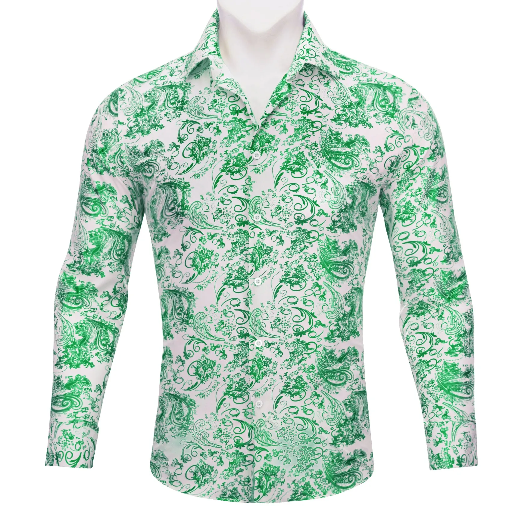 Barry.wang Refreshing White Green Floral Silk Men's Shirt sold by Barrywang