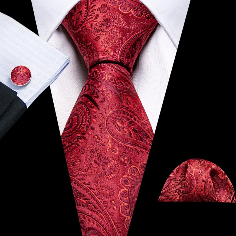 Barry. Wang Men's Red Tie Paisley Silk Tie Pocket Square Cufflinks Set sold by Barrywang