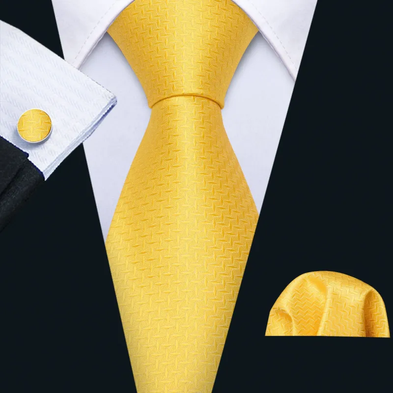 Barry Wang Men's Yellow Novelty Silk Tie Pocket Square Cufflinks Set sold by Barrywang