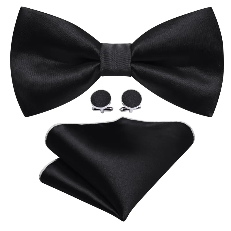 Barry. Wang Black Mens Solid Silk Pre Tied Bow Tie Hanky Cufflinks Set sold by Barrywang