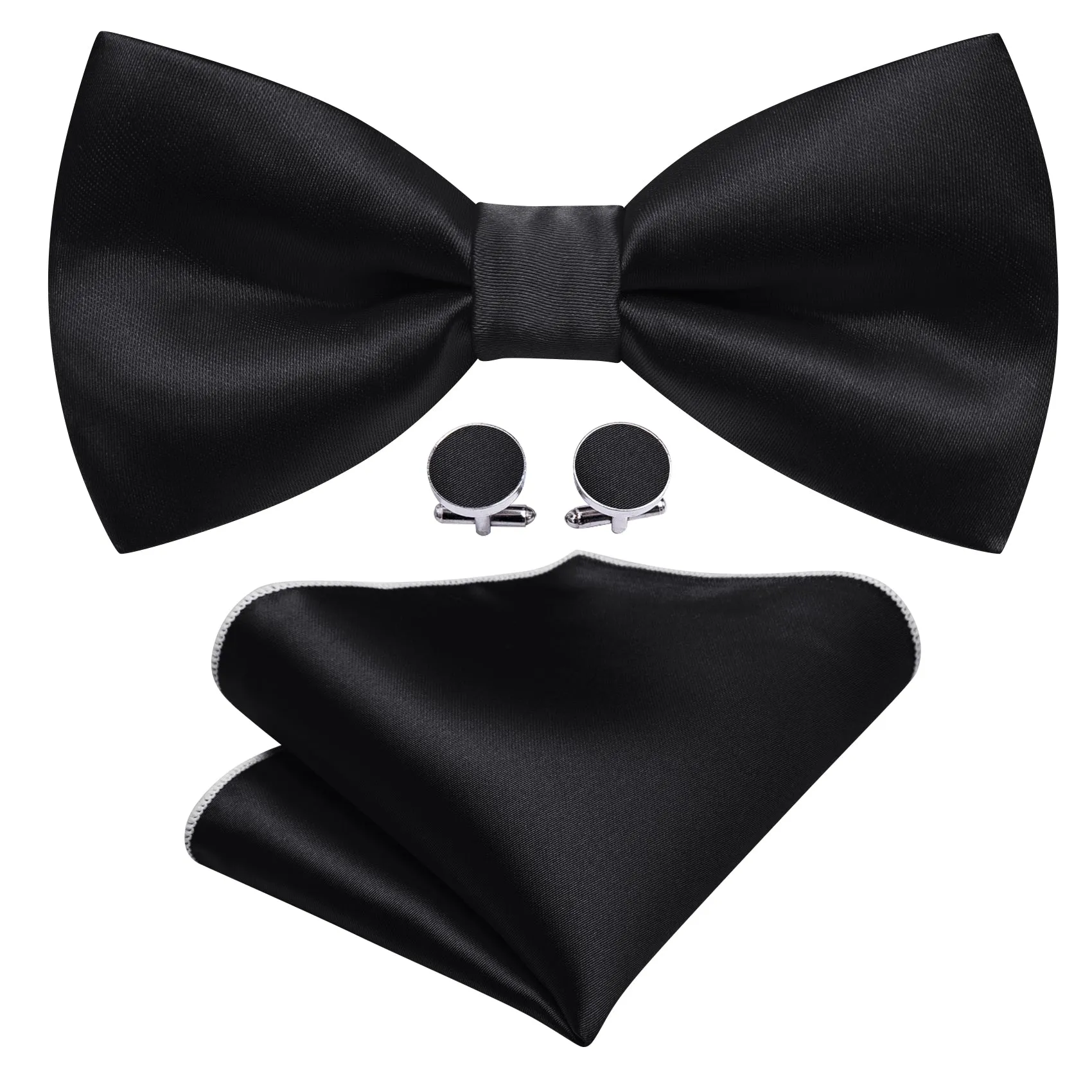 Barry. Wang Black Mens Solid Silk Pre Tied Bow Tie Hanky Cufflinks Set sold by Barrywang