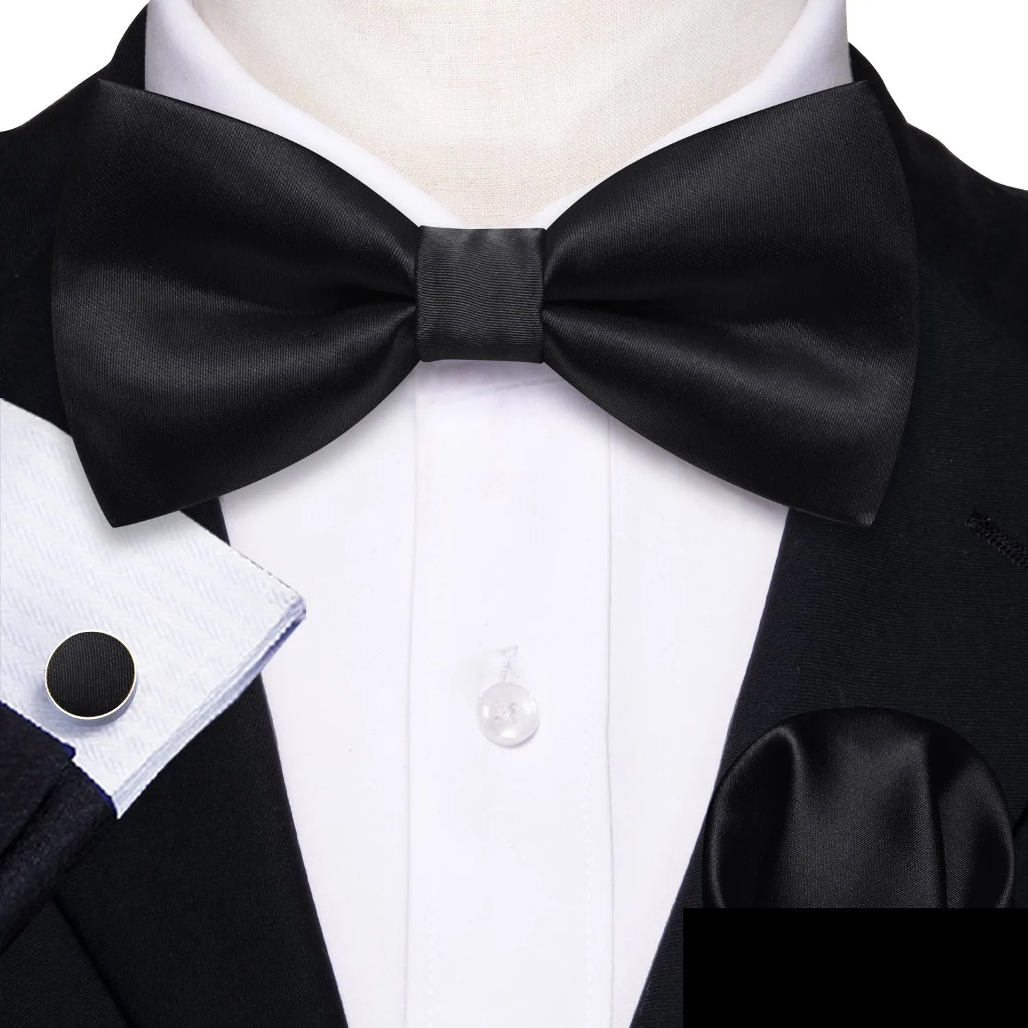 Barry. Wang Black Mens Solid Silk Pre Tied Bow Tie Hanky Cufflinks Set sold by Barrywang product image thumbnail 2